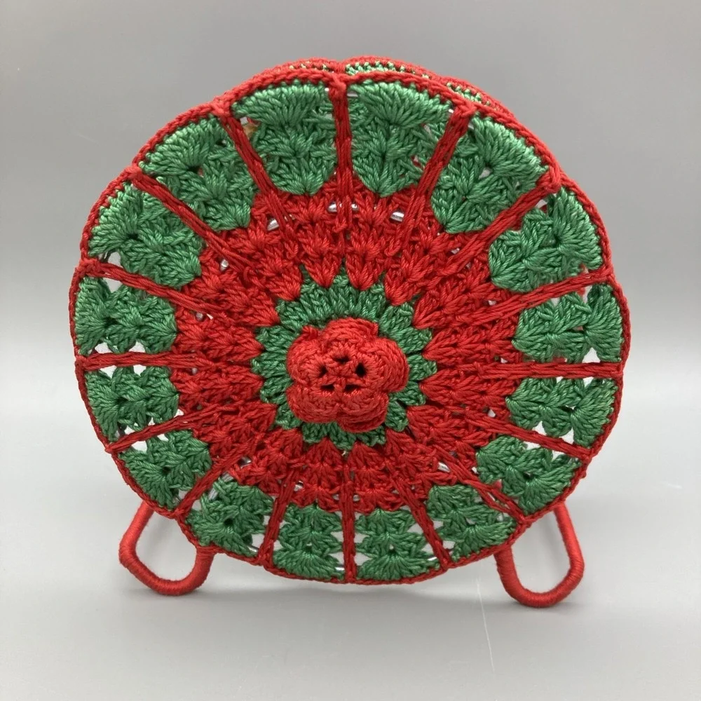 Vintage Crocheted Napkin Holder: Red And Green Metal Frame Round Floral Pattern